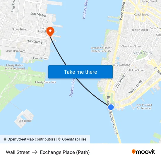 Wall Street to Exchange Place (Path) map