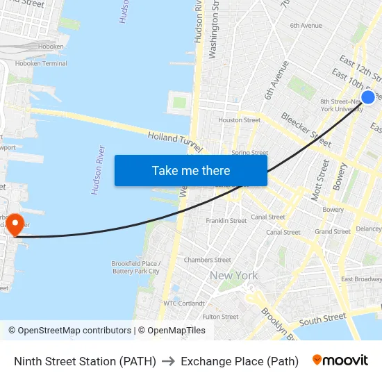 Ninth Street Station (PATH) to Exchange Place (Path) map