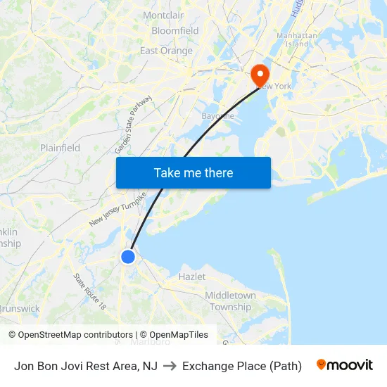 Jon Bon Jovi Rest Area, NJ to Exchange Place (Path) map