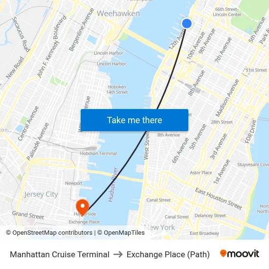 Manhattan Cruise Terminal to Exchange Place (Path) map