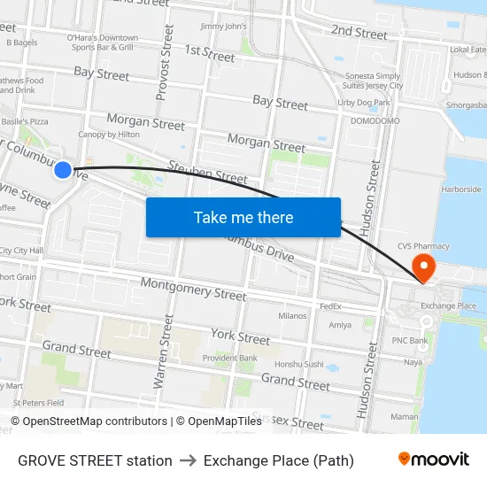 GROVE STREET station to Exchange Place (Path) map