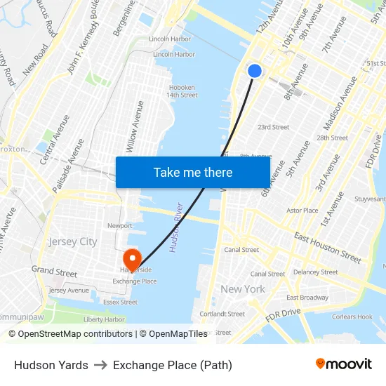 Hudson Yards to Exchange Place (Path) map