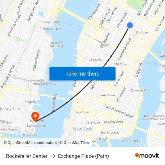 Rockefeller Center to Exchange Place (Path) map