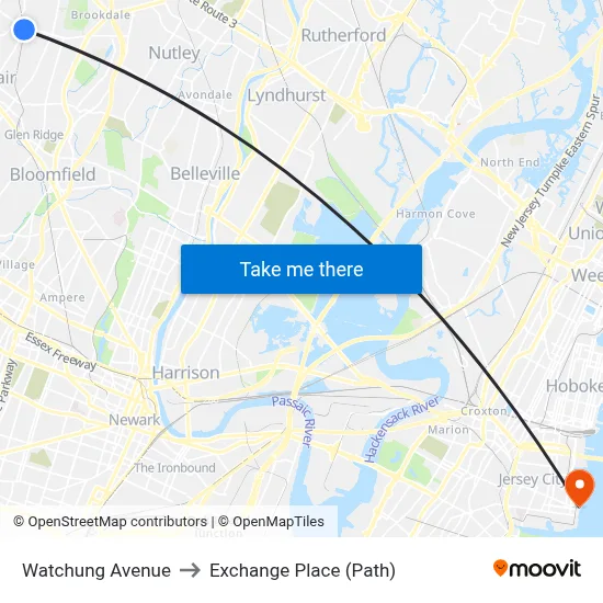 Watchung Avenue to Exchange Place (Path) map