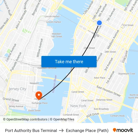 Port Authority Bus Terminal to Exchange Place (Path) map