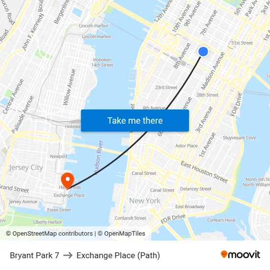 Bryant Park 7 to Exchange Place (Path) map