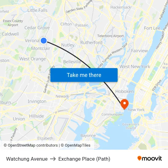 Watchung Avenue to Exchange Place (Path) map