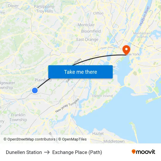Dunellen Station to Exchange Place (Path) map