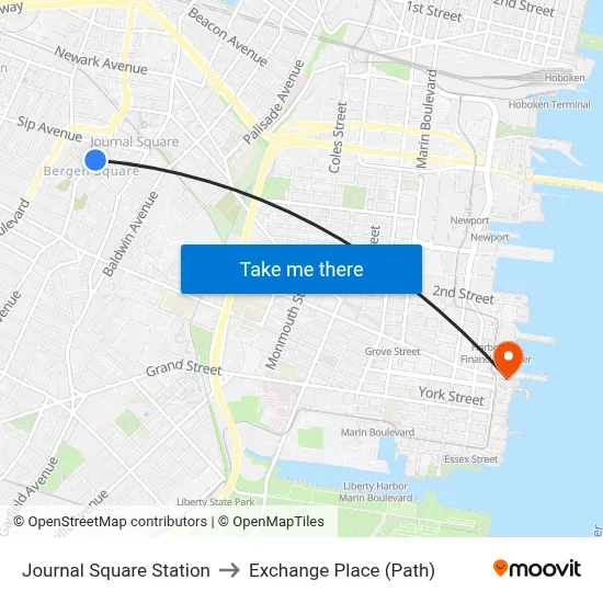 Journal Square Station to Exchange Place (Path) map