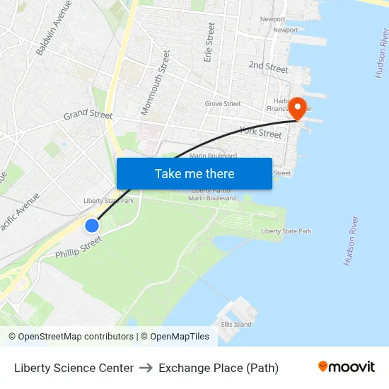 Liberty Science Center to Exchange Place (Path) map