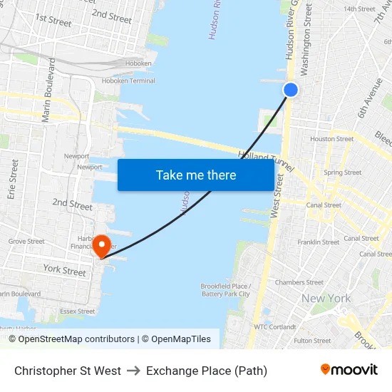 Christopher St West to Exchange Place (Path) map