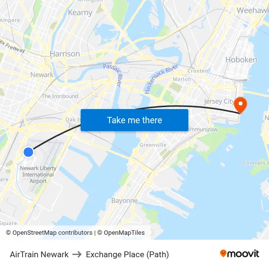 AirTrain Newark, AirTrain Newark, New Jersey, USA to Exchange Place (Path) map
