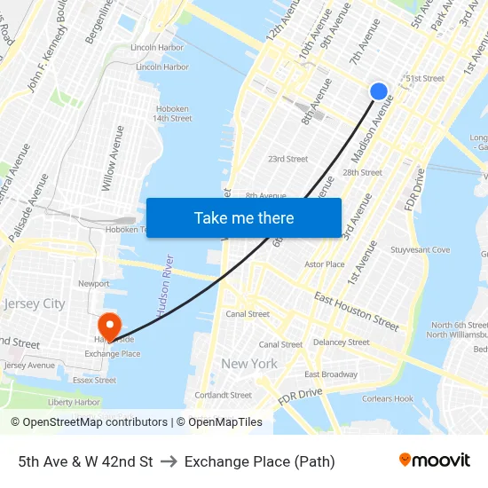 5th Ave & W 42nd St to Exchange Place (Path) map