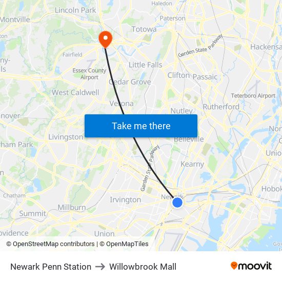 Newark Penn Station to Willowbrook Mall map