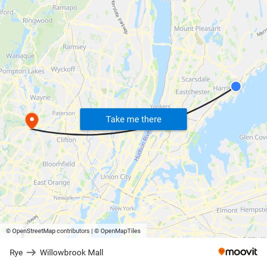 Rye to Willowbrook Mall map