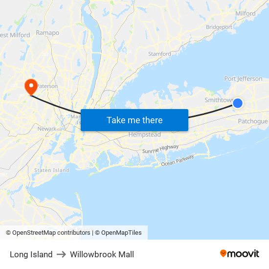 Long Island to Willowbrook Mall map