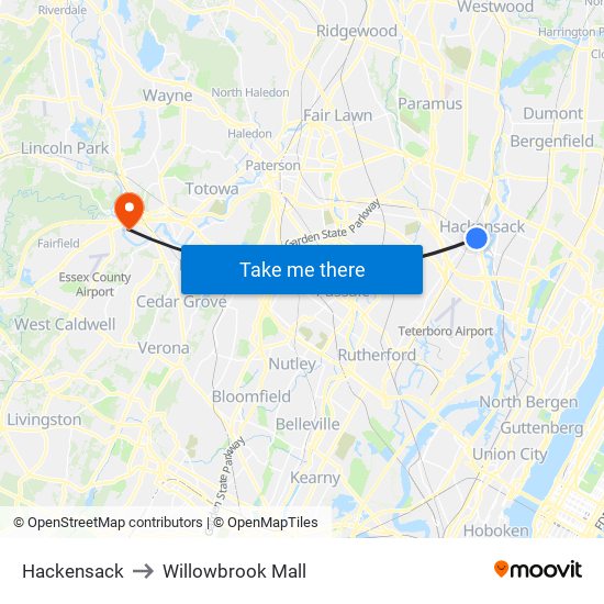 Hackensack to Willowbrook Mall map