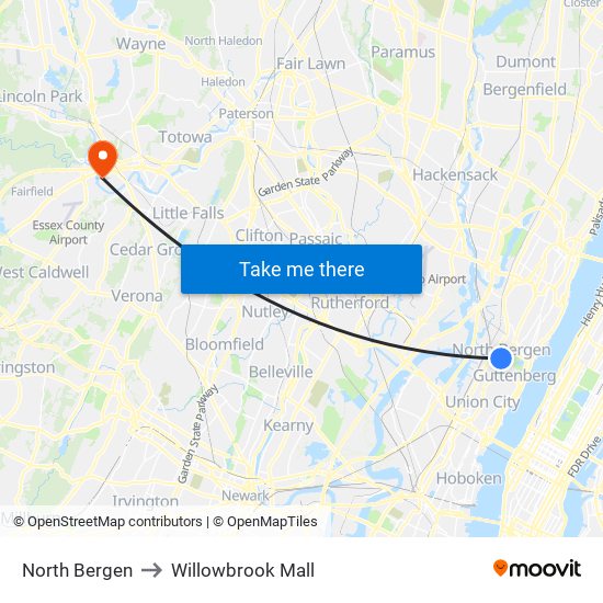 North Bergen to Willowbrook Mall map