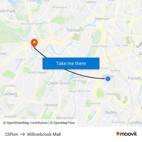 Clifton to Willowbrook Mall map