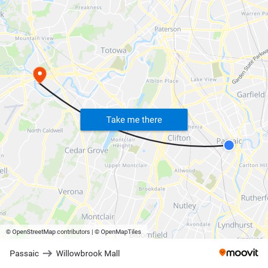 Passaic to Willowbrook Mall map