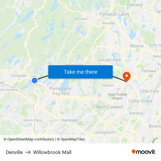 Denville to Willowbrook Mall map