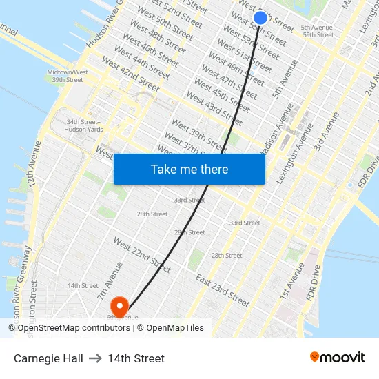 Carnegie Hall to 14th Street map