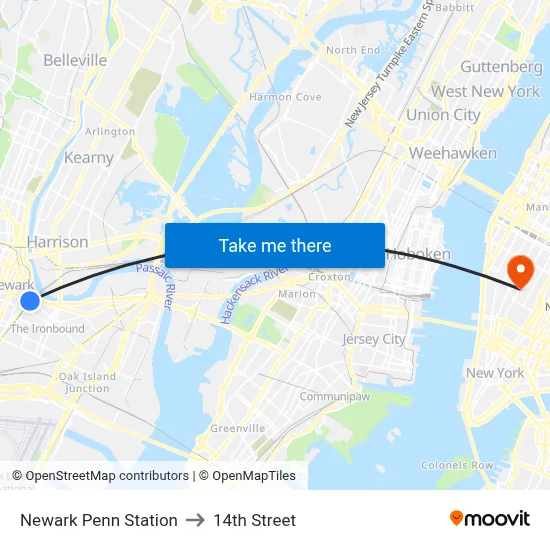 Newark Penn Station to 14th Street map