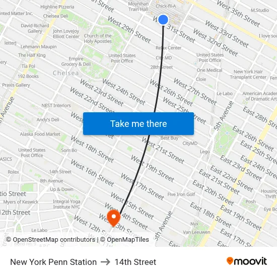 New York Penn Station to 14th Street map