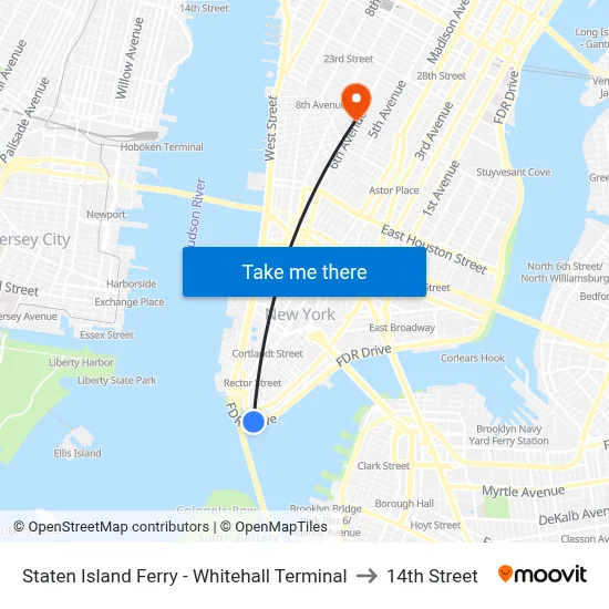 Staten Island Ferry - Whitehall Terminal to 14th Street map