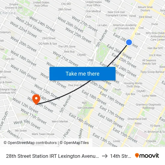 28th Street Station IRT Lexington Avenue Line to 14th Street map