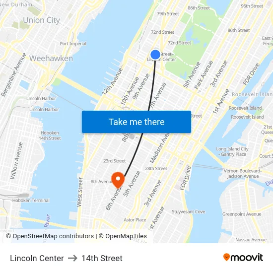 Lincoln Center to 14th Street map