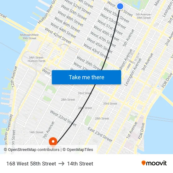 168 West 58th Street to 14th Street map
