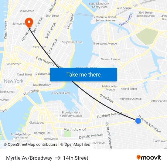 Myrtle Av/Broadway to 14th Street map