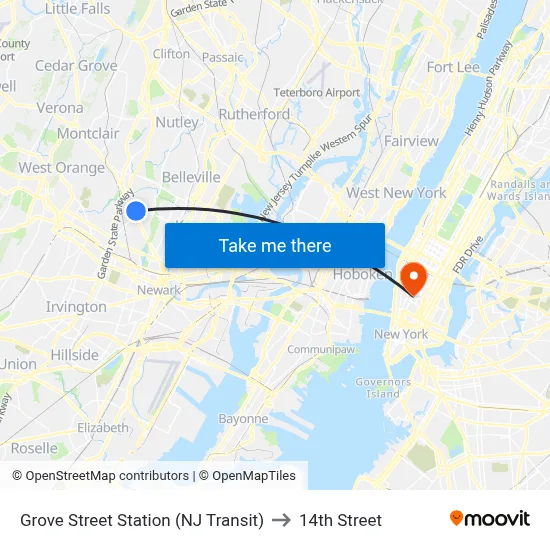 Grove Street Station (NJ Transit) to 14th Street map