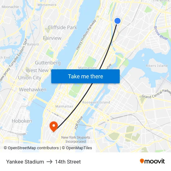 Yankee Stadium to 14th Street map