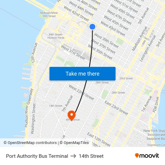 Port Authority Bus Terminal to 14th Street map