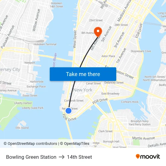 Bowling Green Station to 14th Street map