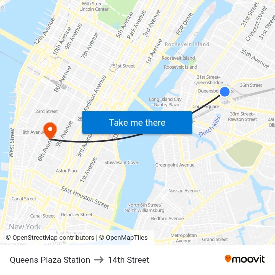 Queens Plaza Station to 14th Street map