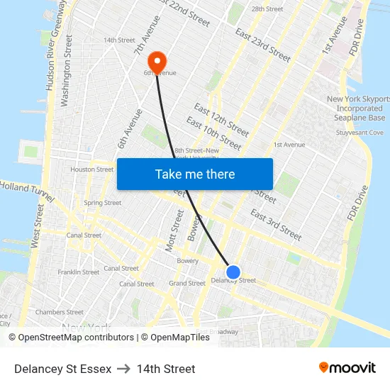 Delancey St Essex, New York, NY 10002 to 14th Street map