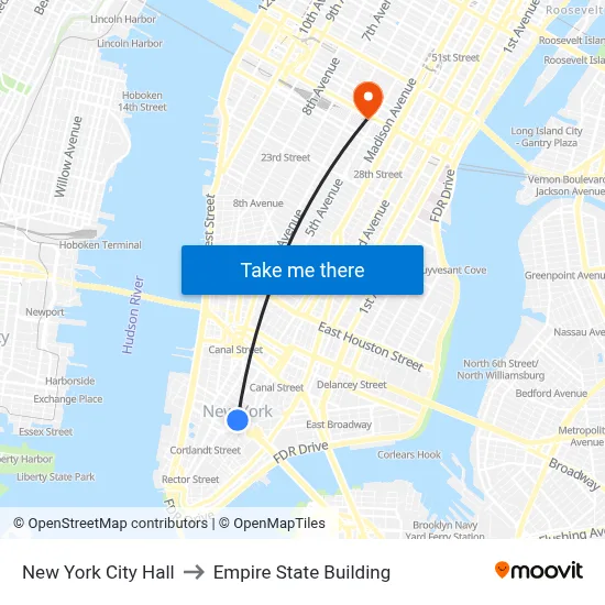 New York City Hall to Empire State Building map