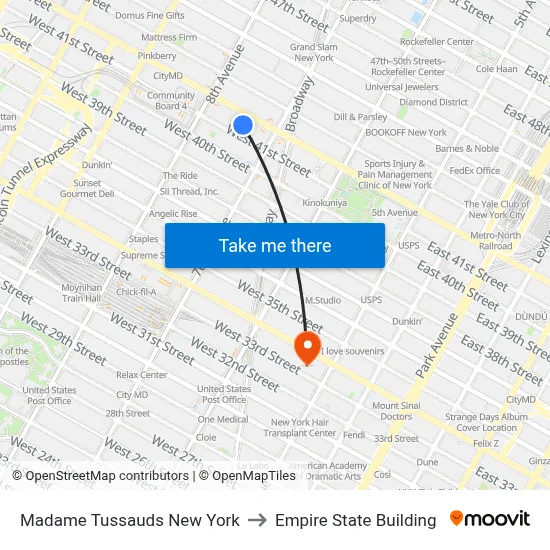 Madame Tussauds New York to Empire State Building map