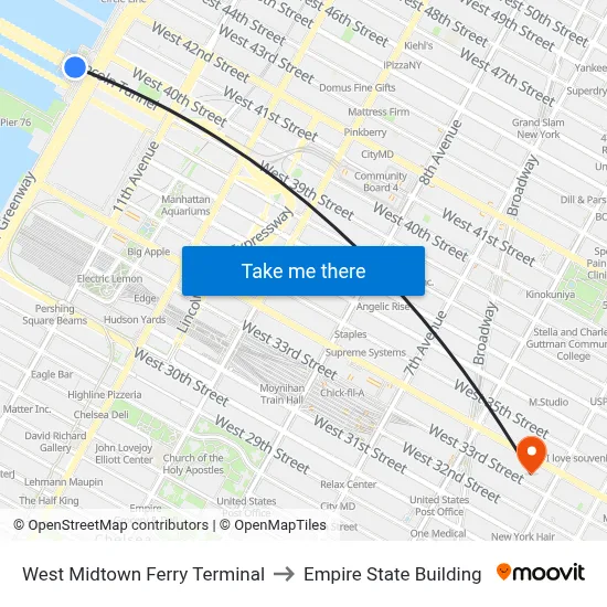 West Midtown Ferry Terminal to Empire State Building map