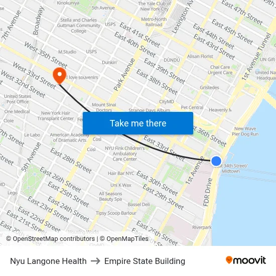 Nyu Langone Health to Empire State Building map
