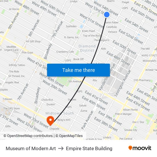 Museum of Modern Art to Empire State Building map