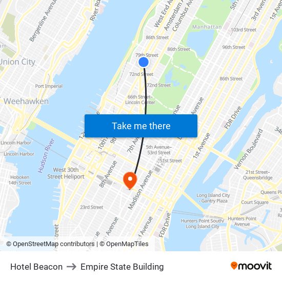 Hotel Beacon to Empire State Building map