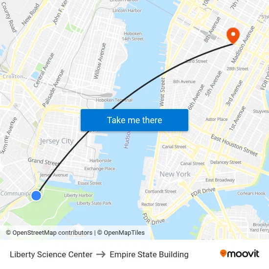 Liberty Science Center to Empire State Building map