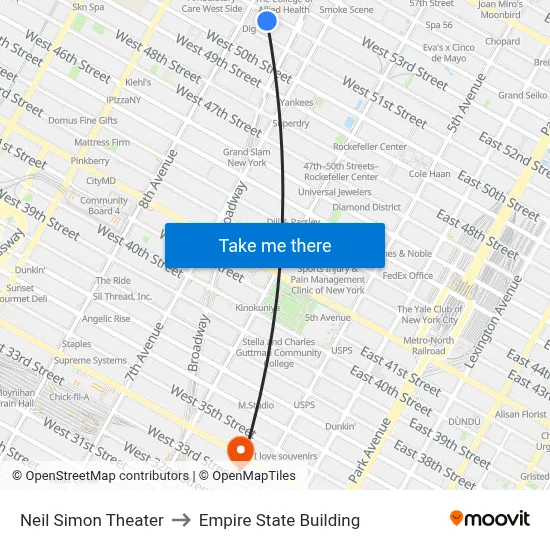 Neil Simon Theater to Empire State Building map