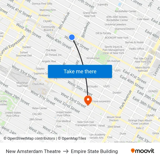 New Amsterdam Theatre to Empire State Building map