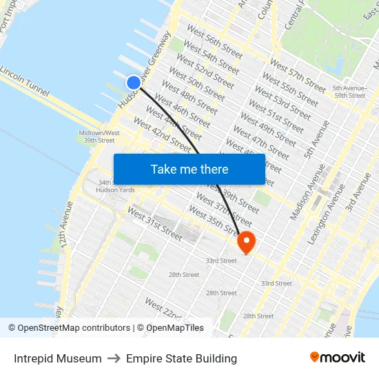 Intrepid Museum to Empire State Building map