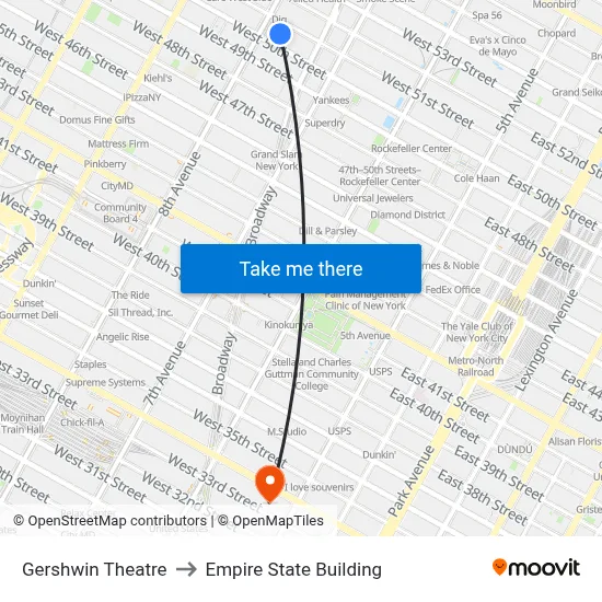 Gershwin Theatre to Empire State Building map